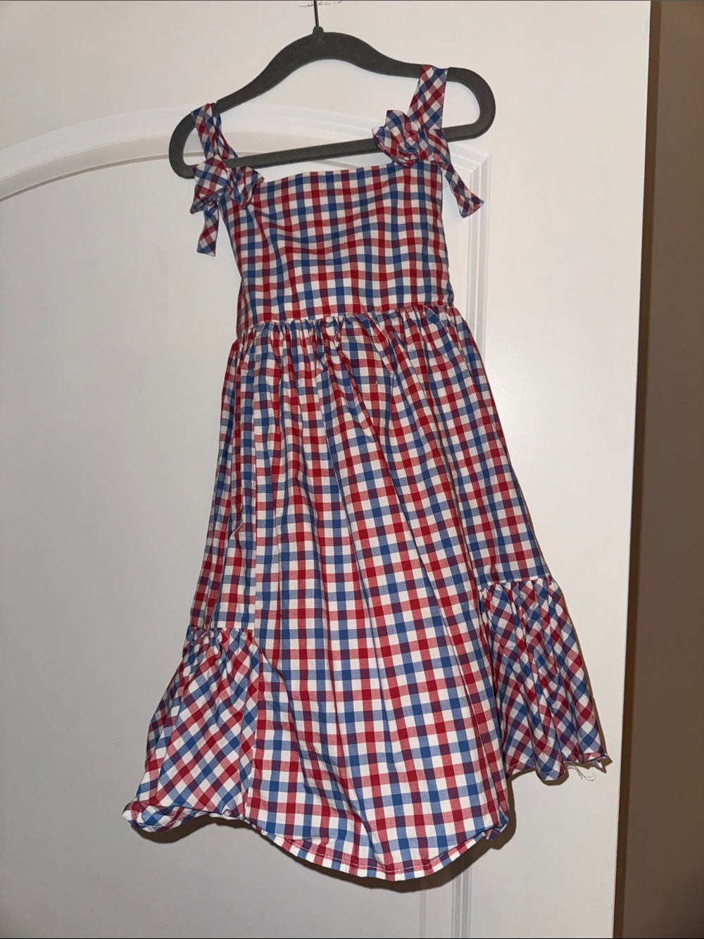 Tahari Red and Blue Gingham Tie-Shoulder Girls Dress
